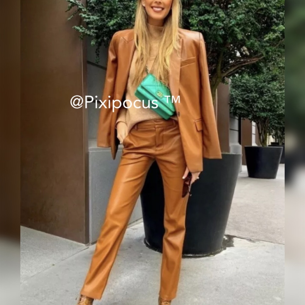 NWT ZARA FAUX LEATHER PANTS CAMEL - Picture 3 of 12